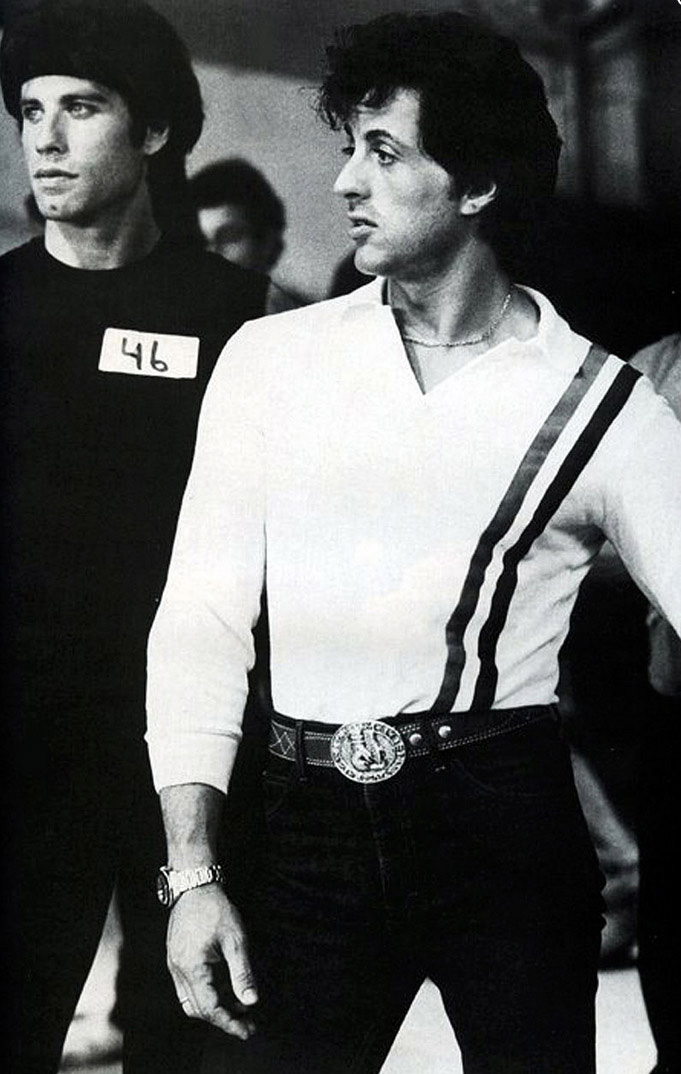 Sylvester Stallone et John Travolta sur le tournage du film "Staying Alive" - 1983