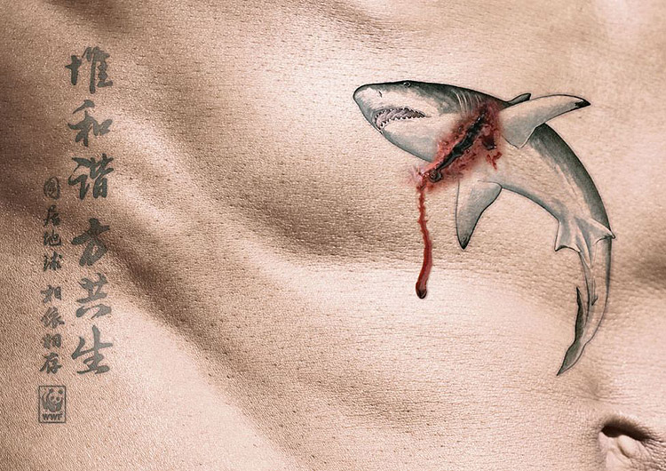 un corps humain avec une cicatrice sur un tatouage de requin © WWF