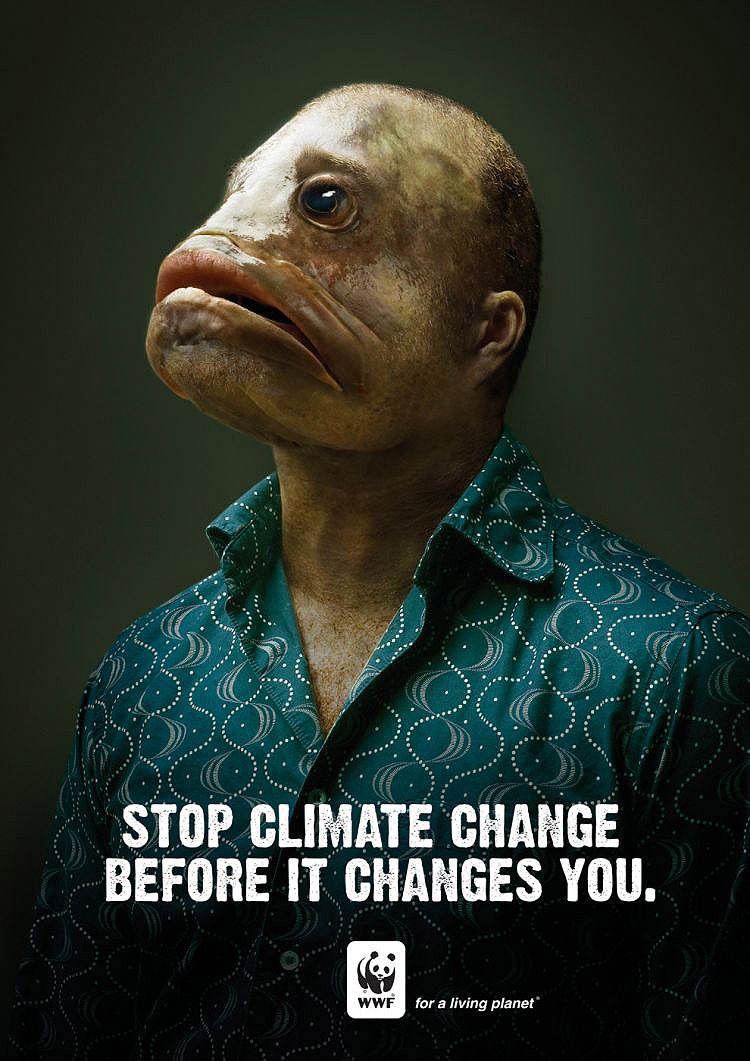 Stop climate change before it changes you © WWF homme avec une tete de poisson
